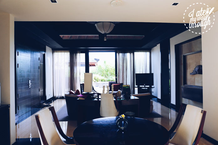 Dining table, study desk and living room - opens up to the pool