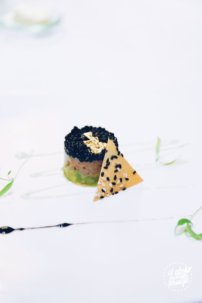Ama ebi tartar - avruga caviar, avocado guacamole, gold leaves, miso dressing