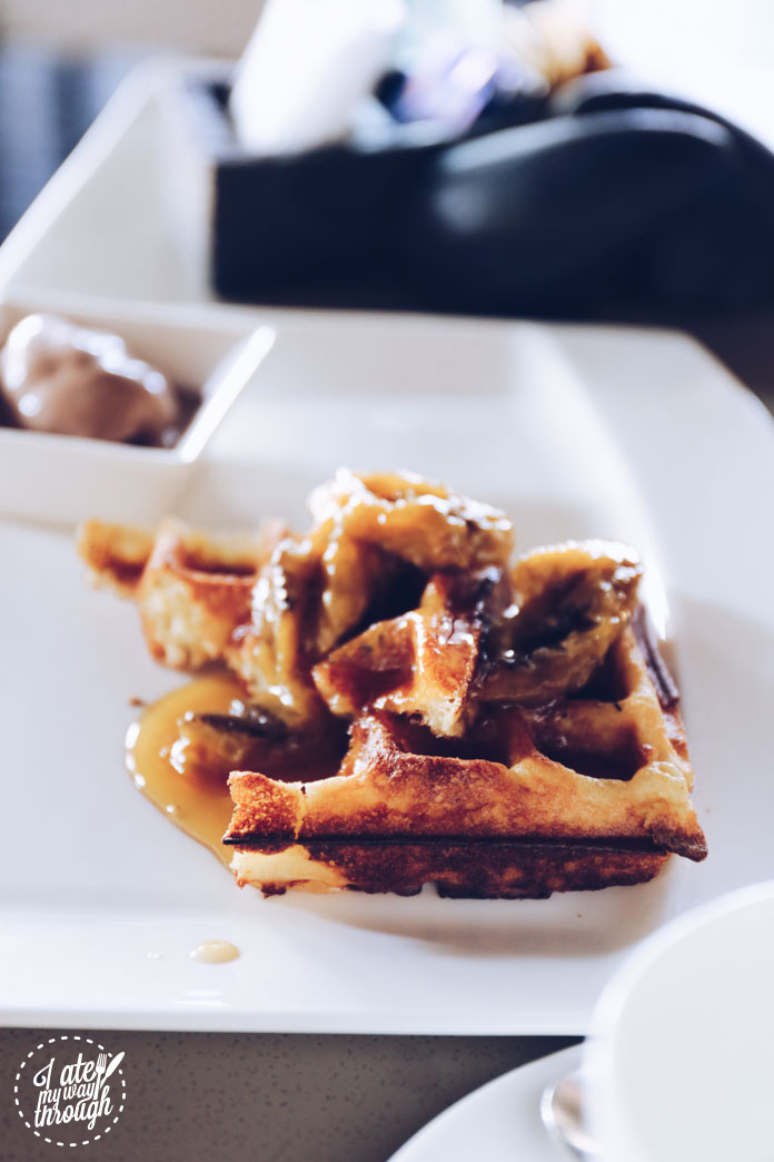 Crispy waffle, caramelised banana, chocolate icecream