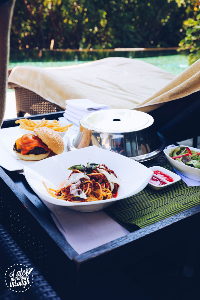 Beef burger and spaghetti bolognese - in-villa dining