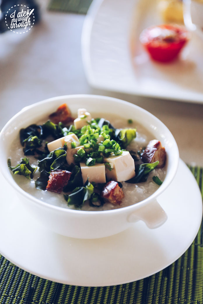 Foie gras congee - rice porridge, pan seared foie gras, spring onion, wakame, silken tofu