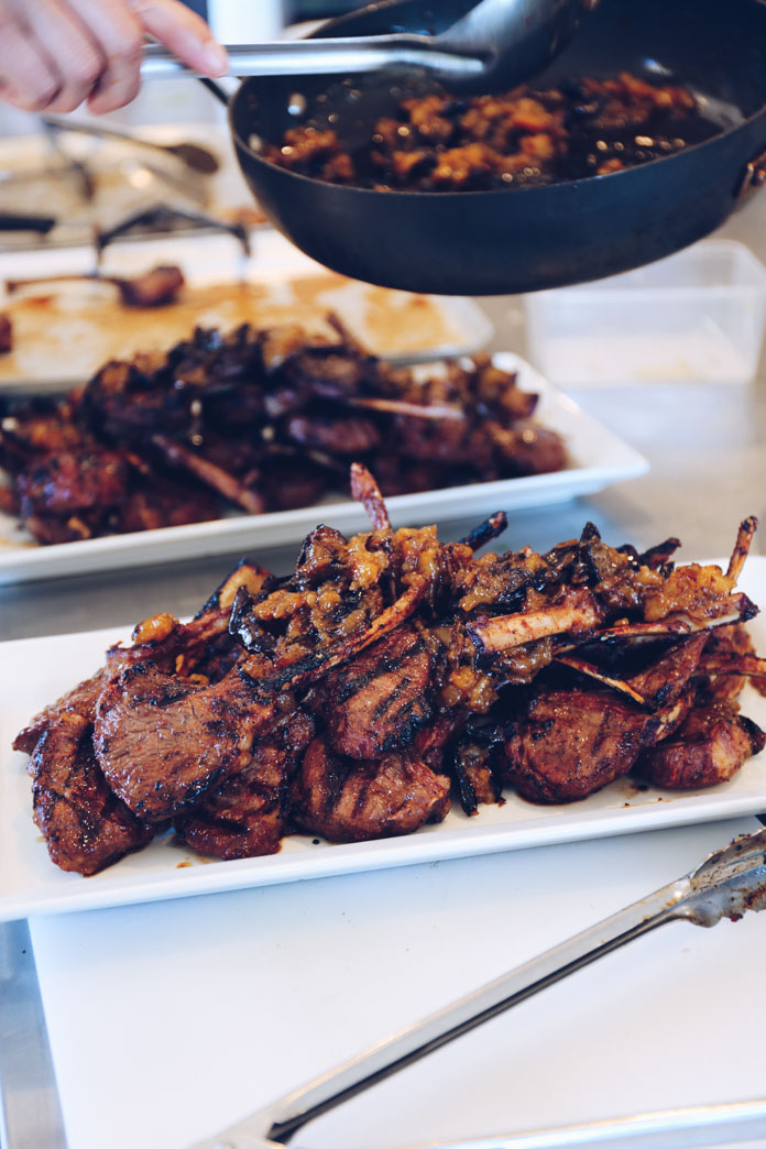 Lamb cutlets topped with eggplant relish