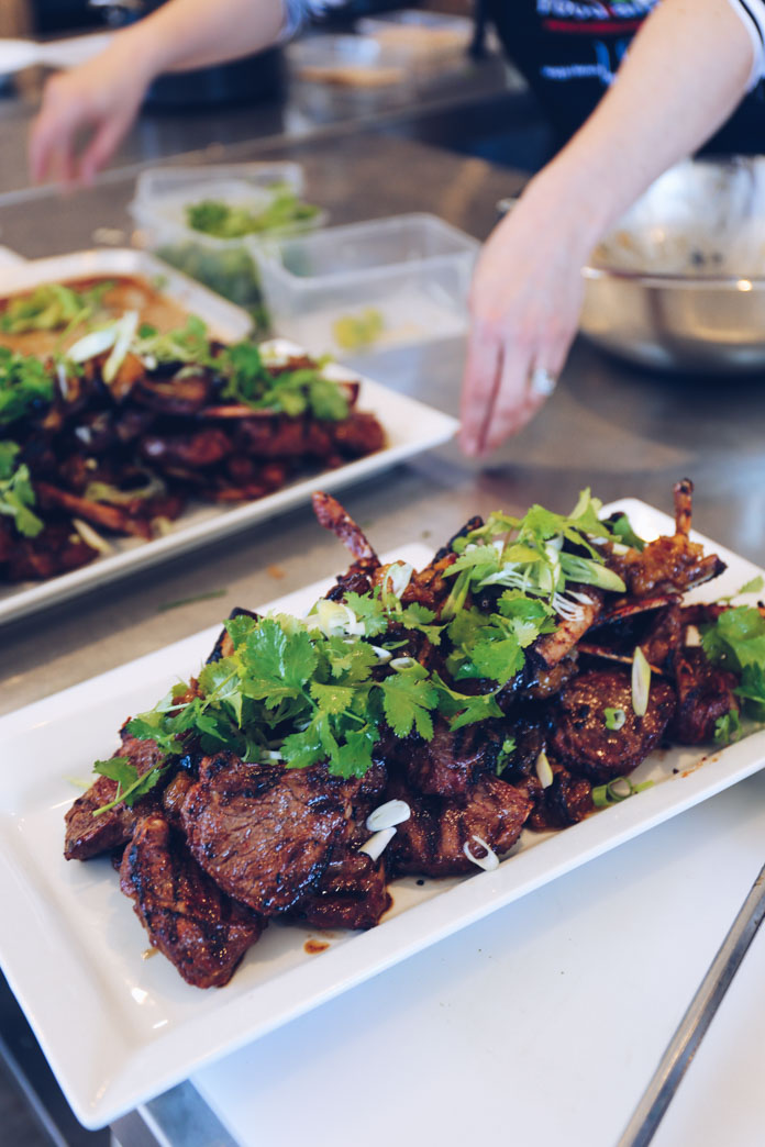 The finished dish: Lamb Cutlets marinated in Red Bean Curd with Spicy Eggplant Relish