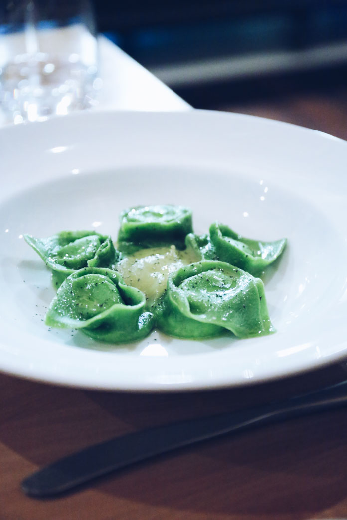 Stinging nettle cappelletti, ricotta, green tomatoes