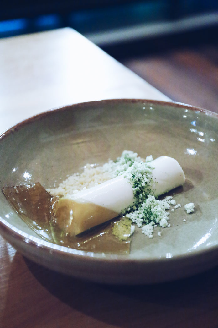 Almond milk, olive oil crumble, sorrel, honey