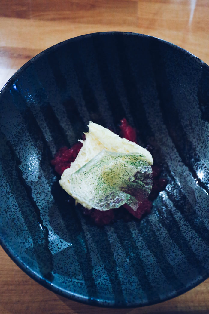 Blood orange granita, sponge, wild fennel