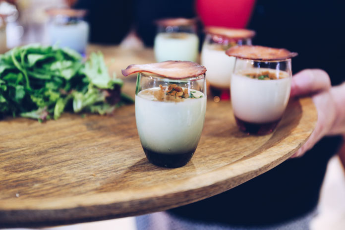 Pancetta shot with white chocolate vichyssoise and toasted chicken