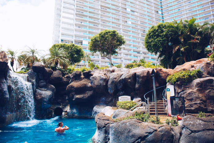 The longest slide in Waikiki at Paradise Pool (one of five pools at Hilton Hawaiian Village)