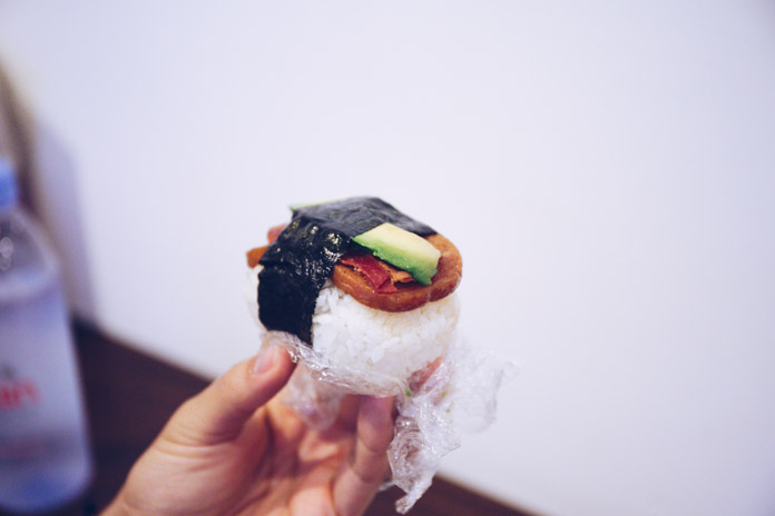Avocado, bacon, spam musubi